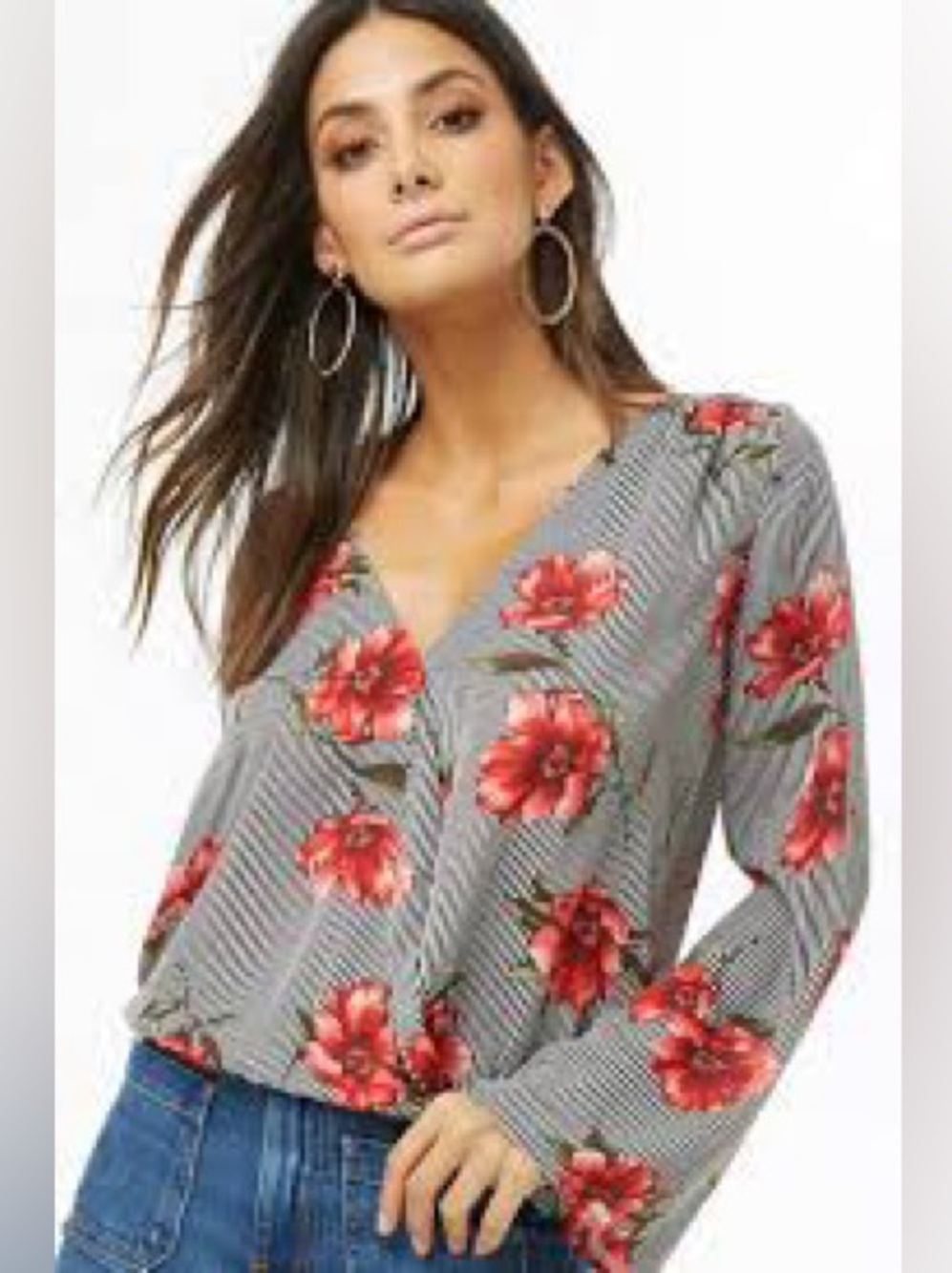 Forever 21 Black White Striped V-Neck Faux Wrap Blouse with Red Floral Print
